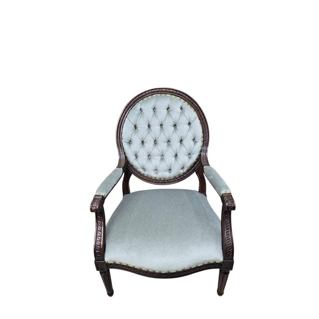 Vintage Louis XVI Style Medallion Back Armchairs Newly Reupholstered - Pair For Sale - Image 9 of 12