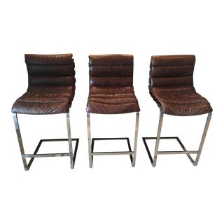 Restoration Hardware Oviedo Leather Bar Stool - Set of 3 For Sale
