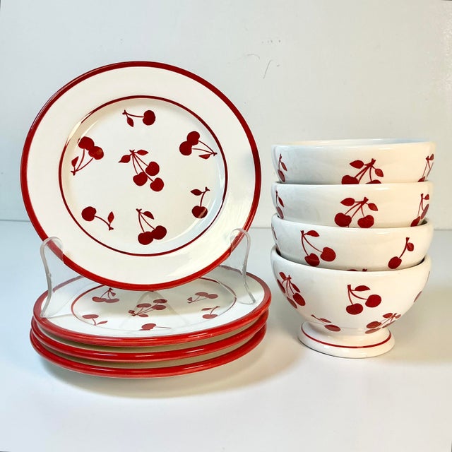 Vintage Art Deco Boho Chic Cherries Jubilee Luncheon Plates & Bowls - Set of 8 For Sale - Image 10 of 12