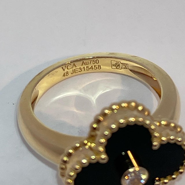 Metal Van Cleef & Arpels 18k Yellow Gold Onyx Clover Motif and Diamond Ring, Size 4.5 For Sale - Image 7 of 8