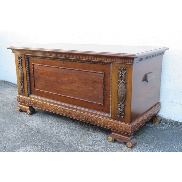 Traditional Early 20th Century Large Carved Bench Cedar Chest Blanket Trunk For Sale - Image 3 of 12