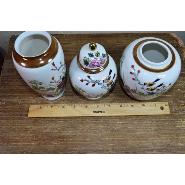 1990s Vintage Kutani Japanese Birds Lotus Flower Porcelainware Vases- Set of 3 For Sale - Image 5 of 7