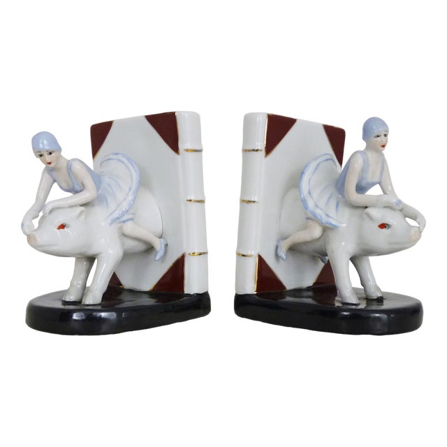 Italian Art Deco Bookends Woman on Ceramic Pig, 1930s For Sale
