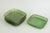 Set of 5 Swedish art Glass Plates. Set comprising five handmade green art glass plates with softly rounded corners and a...