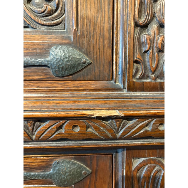 Early 20th Century Hand-Carved Gothic Revival Two-Tiered Cabinet With Iron Hardware For Sale - Image 12 of 16