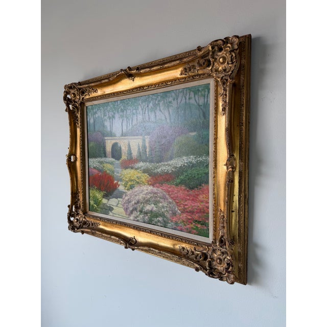 1990's Joe Yu Impressionist Garden Entrance Landscape Oil on Canvas Painting – Framed For Sale - Image 4 of 12