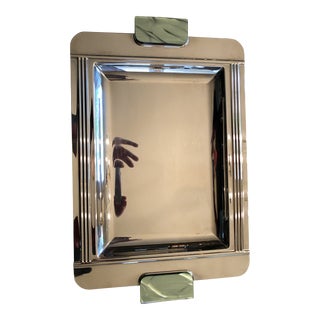 Vintage Jean Couzon French Modernist Stainless Steel & Green Resin Bar Tray For Sale