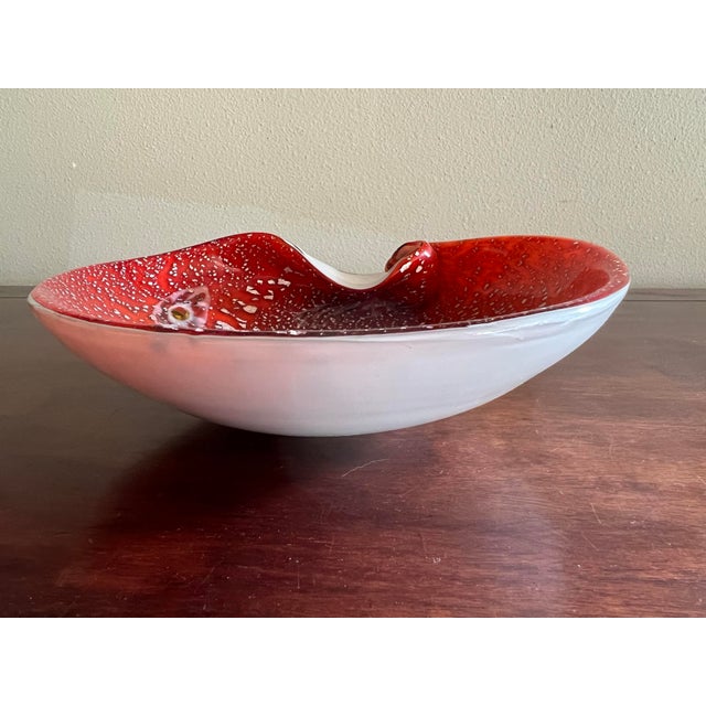 Vintage Midcentury Barbini Murano Style Red Silver Flecks Italian Art Glass Bowl Ashtray For Sale - Image 12 of 12