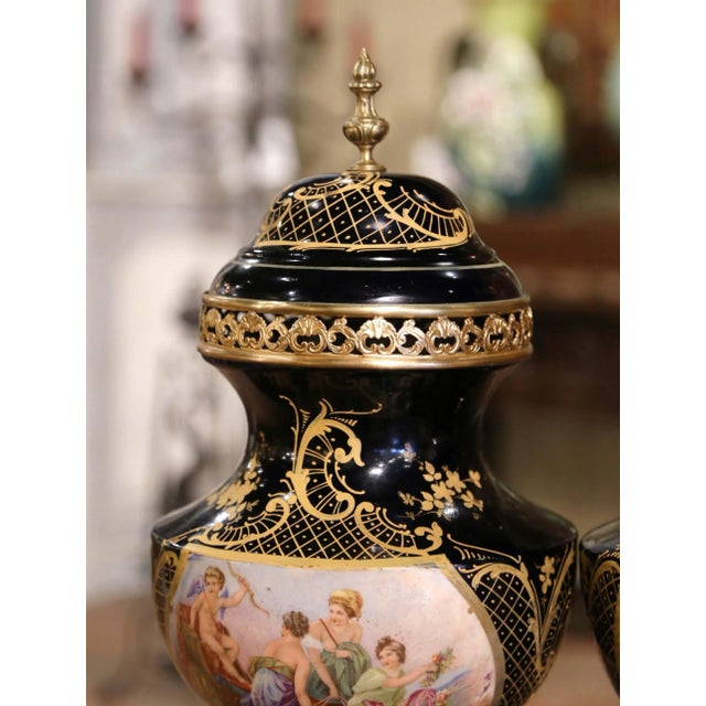 Pair of 19th Century French Sevres Royal Blue Porcelain & Bronze Covered Urns For Sale In Dallas - Image 6 of 12