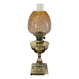 Antique Victorian Brass Oil Lamp with Etched Amber Glass Shade, 1880 For Sale