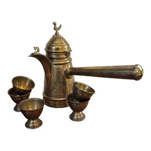 Mid 20th Century Turkish Etched Brass Coffee Pot With Long Handle and Cups - Set of 6