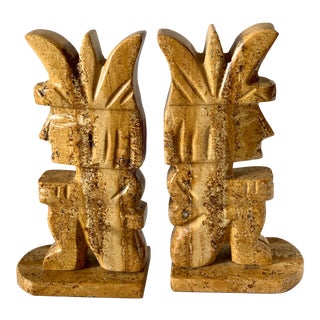 Vintage Mexican Hand-Carved Onyx Aztec Bookends - a Pair For Sale