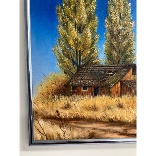 Late 20th Century Vintage Rustic Barn Landscape – Unattributed Oil on Canvas, Framed For Sale - Image 5 of 6
