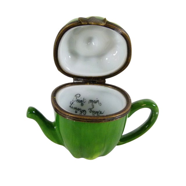 Green Limoges France Porcelain Green Pepper Tepot Trinket Box | Hand Painted by Jd Artisan Decorating Studio For Sale - Image 8 of 10