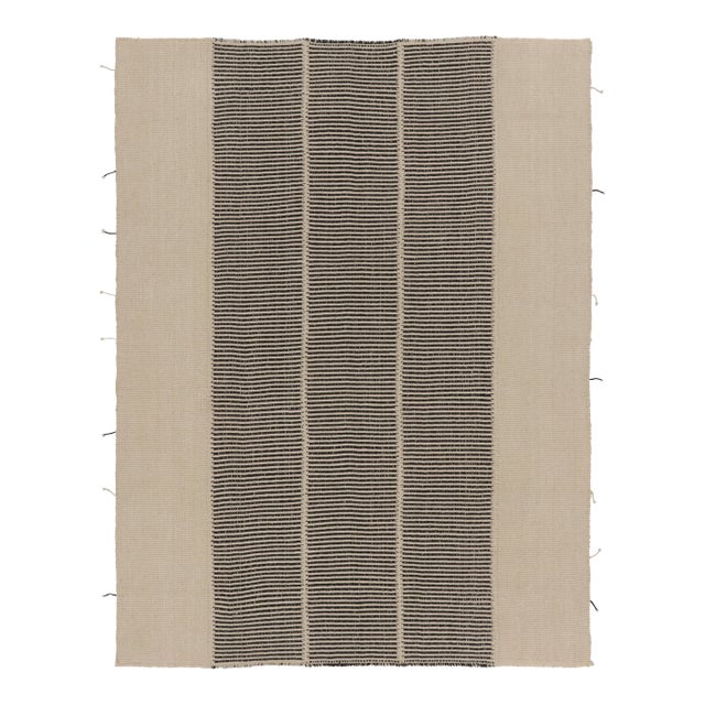 Rug & Kilim’s Contemporary Kilim, Beige with Black Textural Stripes For Sale