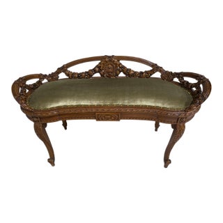 Antique French Louis XVI Style Carved Walnut Window Bench For Sale