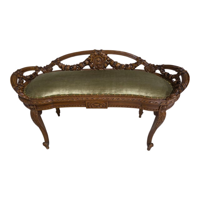 Antique French Louis XVI Style Carved Walnut Window Bench For Sale