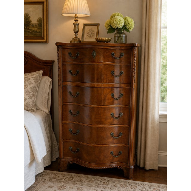 French Provincial Vintage Century Furniture Mahogany Serpentine Chest & Bedside Cabinet | French Provincial Influence, 2 Pieces For Sale - Image 3 of 18