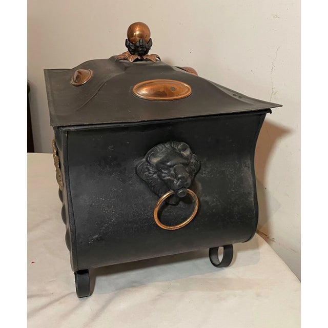 Black Antique Black Tole Brass Bronze Metal Lion Head Coal Scuttle Box Bucket Bin For Sale - Image 8 of 13