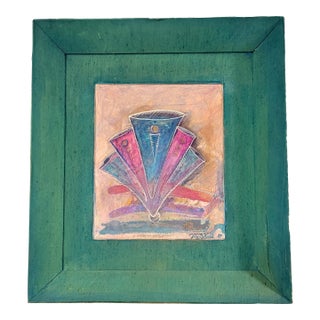 “Express Yourself” Vintage 1989 Tom Roll Abstract Mixed Media Painting in Teal Frame, 18" X 20" For Sale