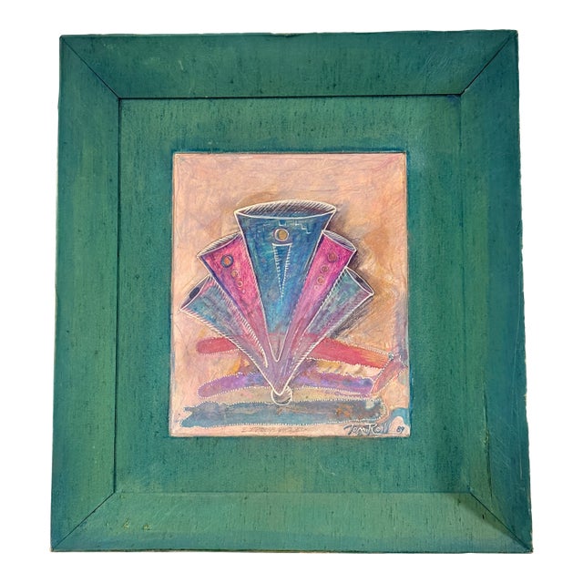 “Express Yourself” Vintage 1989 Tom Roll Abstract Mixed Media Painting in Teal Frame, 18" X 20" For Sale