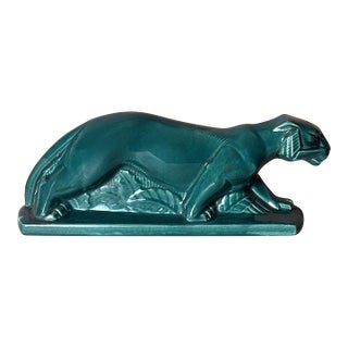 Mid 20th Century Art Deco Saint-Clément Style Panther France Green-Glazed Ceramic For Sale