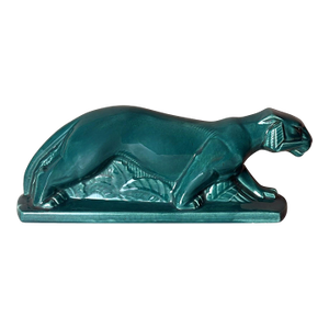 Mid 20th Century Art Deco Saint-Clément Style Panther France Green-Glazed Ceramic