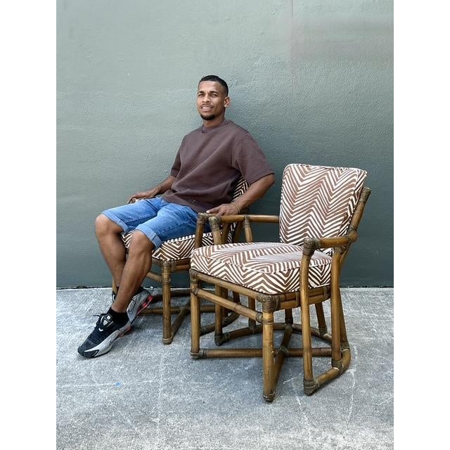 Late 20th Century Vintage McGuire Rattan Lounge Chairs in Quadrille Alan Campbell “Zig Zag” - A Pair For Sale - Image 5 of 12