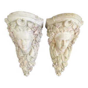 Vintage Italian Neoclassical Maiden Plaster Corbels Wall Brackets - a Pair
