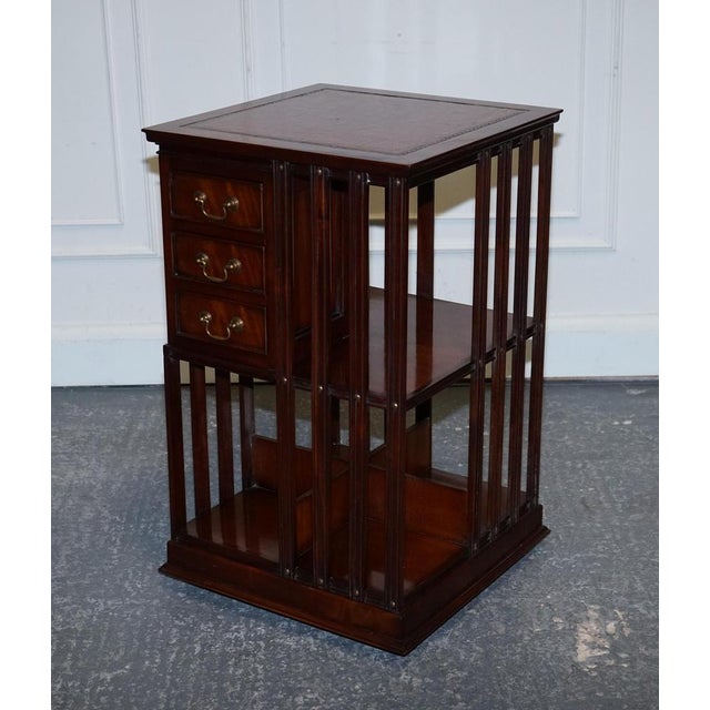 Revival Inlaid Revolving Bookcase End Table with Brown Aged Leather Top For Sale - Image 3 of 18