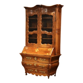 18th Century Antique French Louis XV Carved Walnut Bombe Secretary Bookcase For Sale