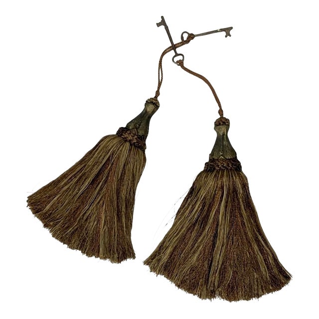 Pair of Oversized Passementerie Silk Tassels With Antique Keys & Heavy Cast Tops - Grandmillennial, Palm Beach Regency, Traditional. See Pics! Set #2 For Sale
