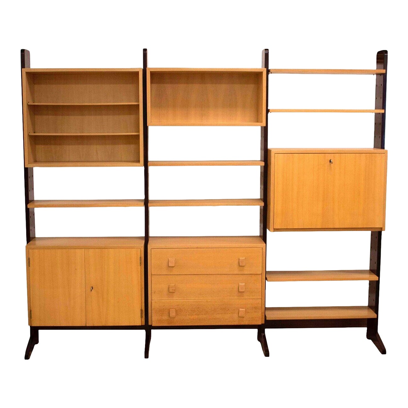 3 Bay Modular Wall Unit Bookshelf w Free Standing Mid Century