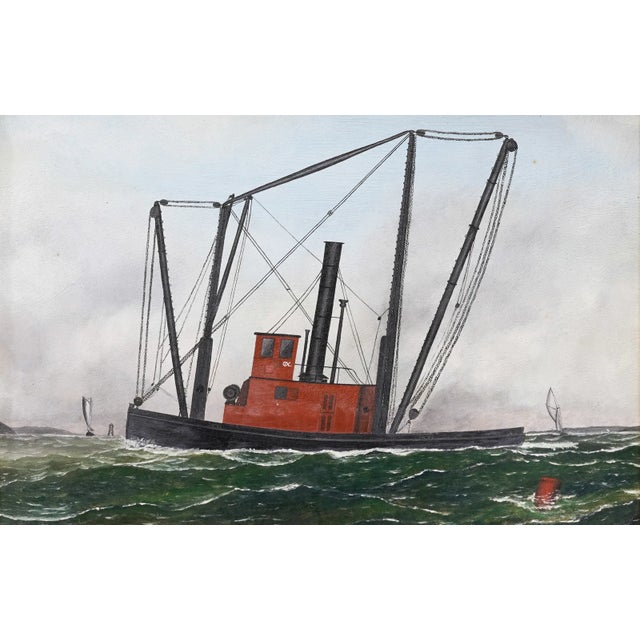 Although unsigned, this technically accurate portrait of a steam trawler with outriggers is probably by George Race...