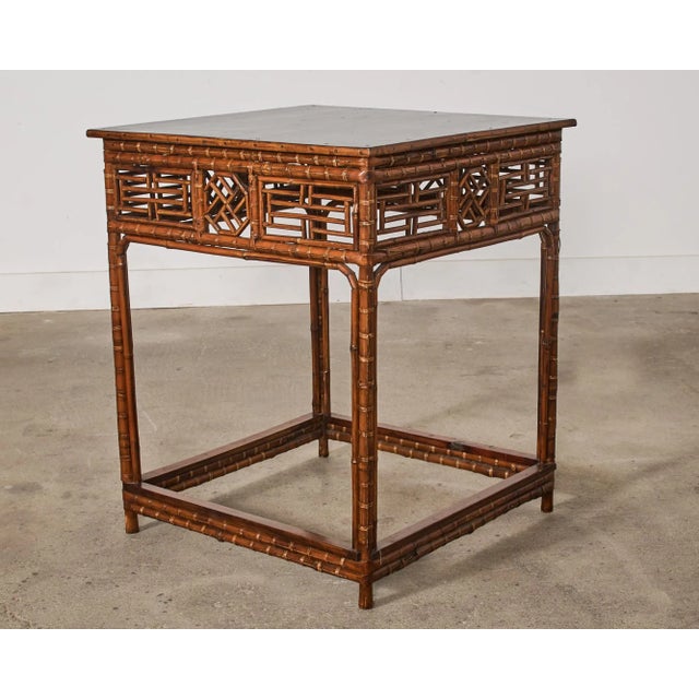 Brown Chinese Export Bamboo Fretwork Square Center Table For Sale - Image 8 of 12