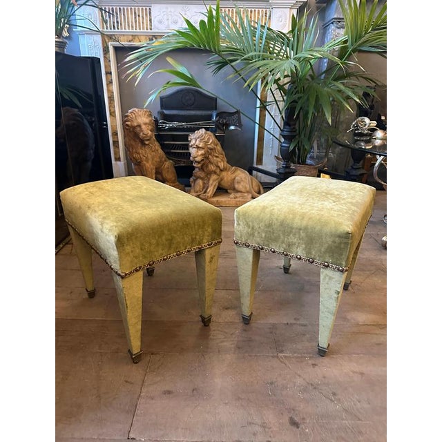 Mid-Century French Green Velvet and Brass Ottomans, 1950, Set of 2 For Sale - Image 3 of 10