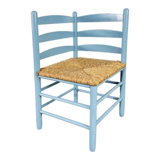 Vintage Blue French Country Style Ladderback Rush Seat Corner Chair For Sale