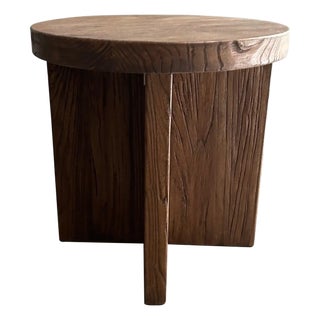 Custom Made Reclaimed Elm Wood Side Table With X Base For Sale