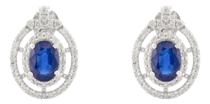 Art Deco Oval Sapphire Halo Diamond Wedding Earrings 14k Gold- A Pair