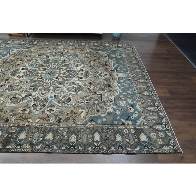 1970s Vintage Persian Handmade Wool Cotton Green Blue Area Rug For Sale - Image 9 of 11