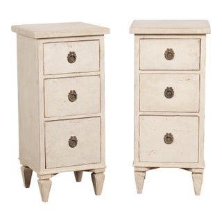 Pair, 19th Century Swedish White Nightstands Narrow Chest of Drawers For Sale