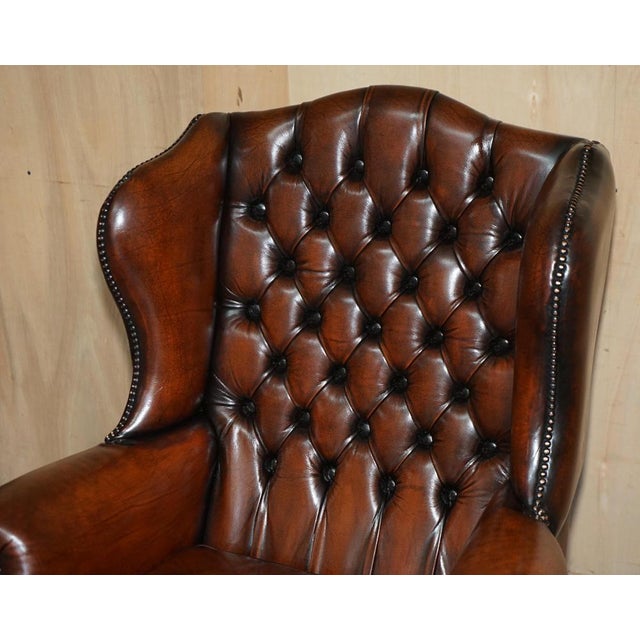 Chesterfield Wingback Chairs and Ottomans in Brown Leather, Set of 4 For Sale - Image 13 of 18
