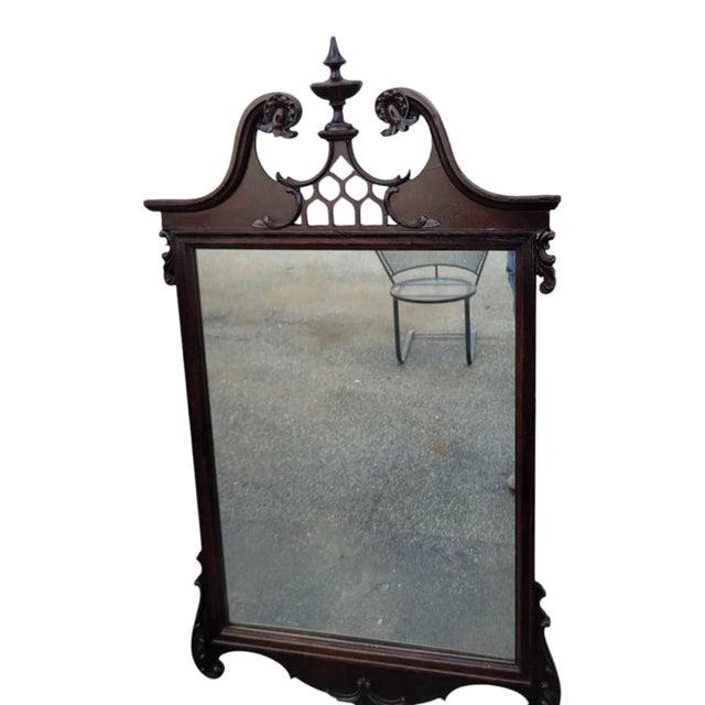 Antique 1920s Chippendale Carved Mahogany Wall Mirror Pediment Crest Mirror For Sale In Philadelphia - Image 6 of 16