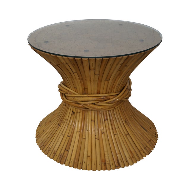 McGuire Sheaf of Wheat Bamboo Rattan Glass Table For Sale