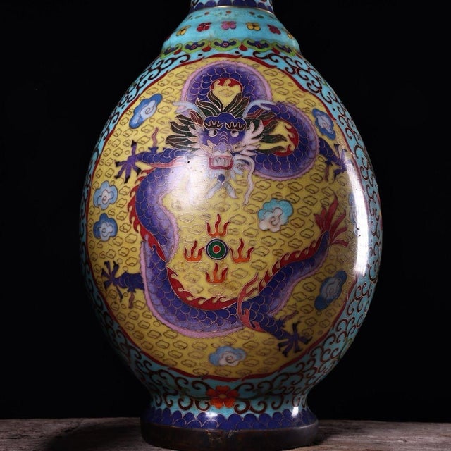 Metal Monumental Pair of Chinese Cloisonné "Dragon" Vases With Qianlong Mark - 18 LBS For Sale - Image 7 of 9