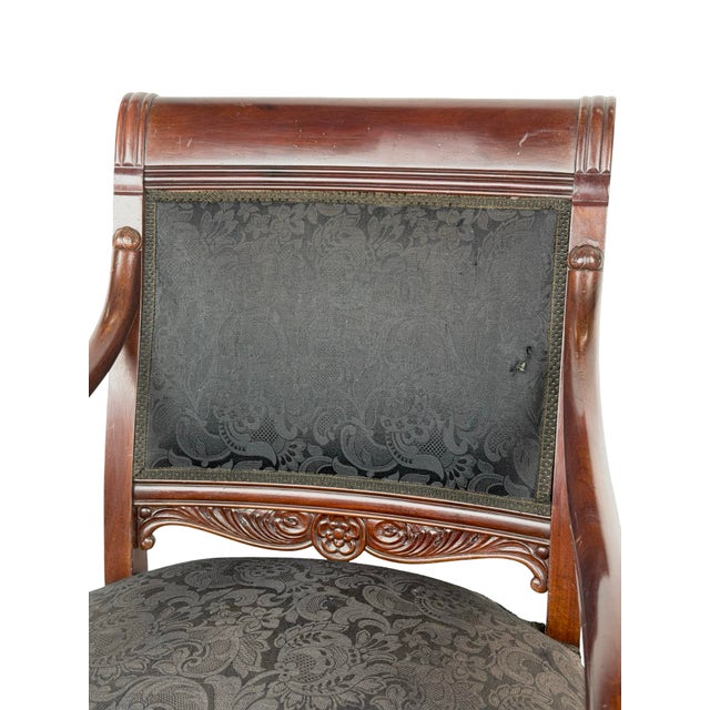 Black Antique Empire Style Mahogany Armchair With Black Damask Upholstery For Sale - Image 8 of 18