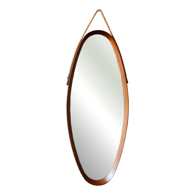 Large Italian Wood and Rope Oval Mirror, 1960s For Sale