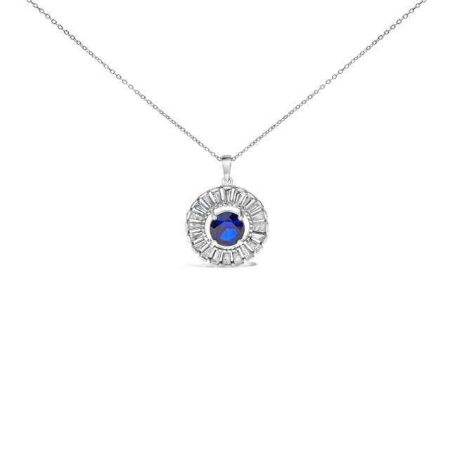 2020s Sterling Silver Lab Grown Sapphire and Baguette Diamond Medallion Pendant Necklace For Sale - Image 5 of 5