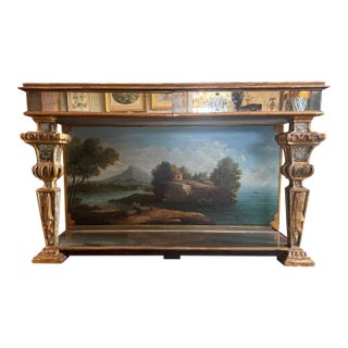 1930s Hollywood Regency Eglomise Mirrored 2 Drawer Console With Hand Painted Back Panel. Style Maison Jansen Paris For Sale