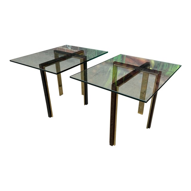 Pair of Glass and Brass and Smoked Chrome Solid Steel Side Tables For Sale
